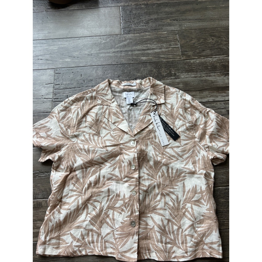 Nicole Miller 100% Linen Top Tropical Print Shirt Green Button Beach Boxy Medium